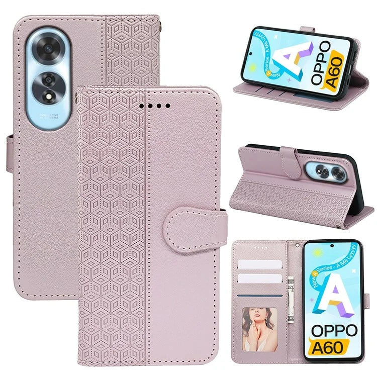 For Oppo A60 4G Case Cubic Grid Imprinted PU Leather Phone Cover Horizontal Flip