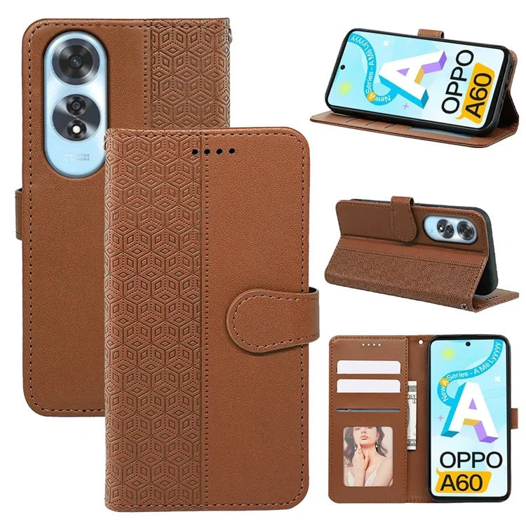For Oppo A60 4G Case Cubic Grid Imprinted PU Leather Phone Cover Horizontal Flip