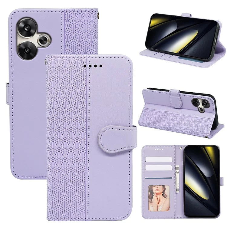 For Xiaomi Poco F6 5G / Redmi Turbo 3 5G Case Cubic Grid Imprinted PU Leather Phone Cover