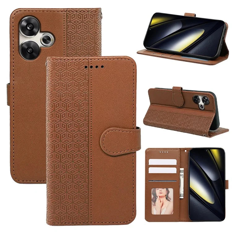 For Xiaomi Poco F6 5G / Redmi Turbo 3 5G Case Cubic Grid Imprinted PU Leather Phone Cover