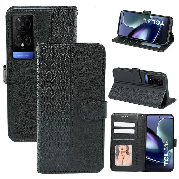 For TCL 50 5G Case PU Leather Cubic Grid Pattern Flip Folio Phone Wallet Cover