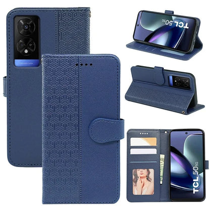 For TCL 50 5G Case PU Leather Cubic Grid Pattern Flip Folio Phone Wallet Cover
