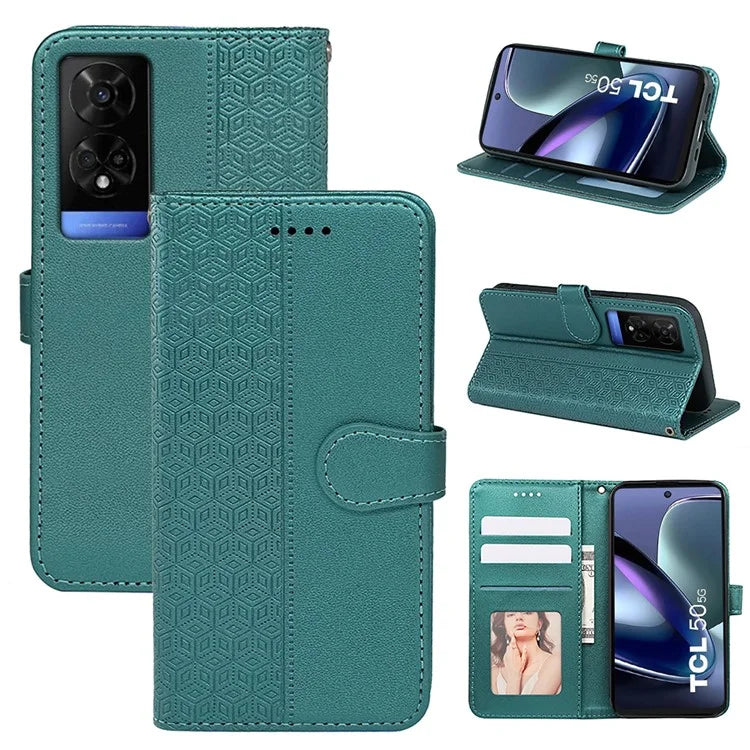 For TCL 50 5G Case PU Leather Cubic Grid Pattern Flip Folio Phone Wallet Cover