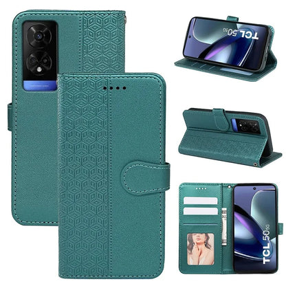 For TCL 50 5G Case PU Leather Cubic Grid Pattern Flip Folio Phone Wallet Cover