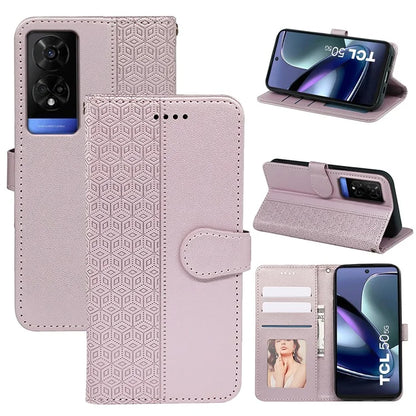 For TCL 50 5G Case PU Leather Cubic Grid Pattern Flip Folio Phone Wallet Cover