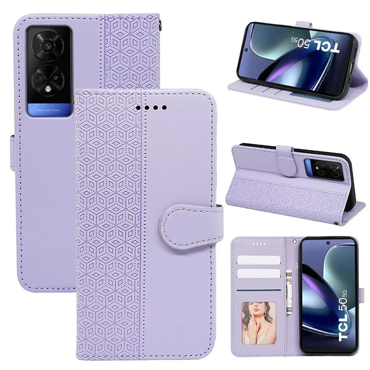 For TCL 50 5G Case PU Leather Cubic Grid Pattern Flip Folio Phone Wallet Cover