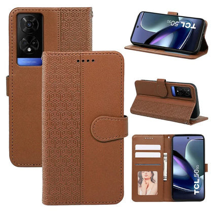 For TCL 50 5G Case PU Leather Cubic Grid Pattern Flip Folio Phone Wallet Cover
