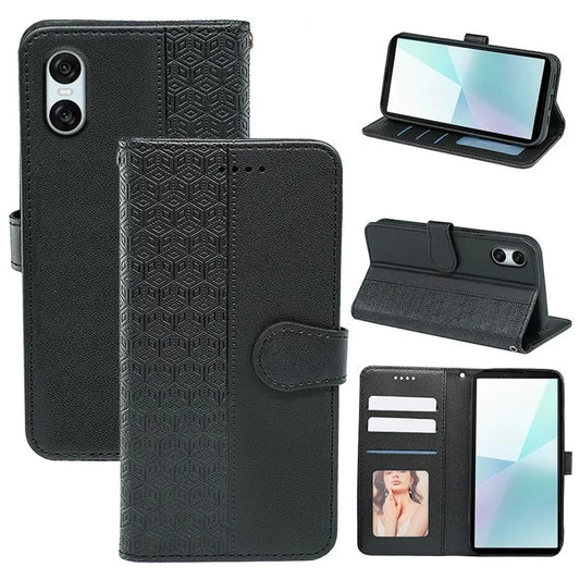 For Sony Xperia 10 VI Card Slot Case Cubic Grid Imprinted PU Leather Phone Cover