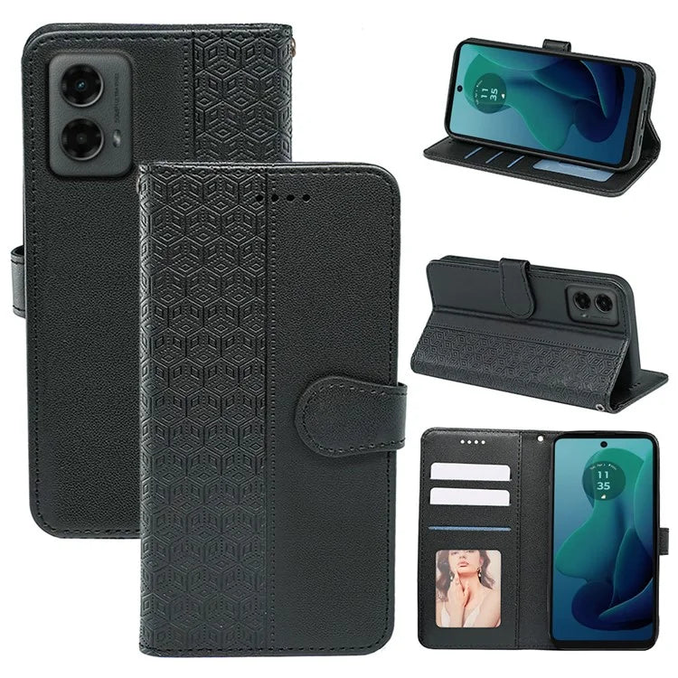 For Motorola Moto G 5G (2024) Case PU Leather Cellphone Protective Cover Cubic Grid Pattern
