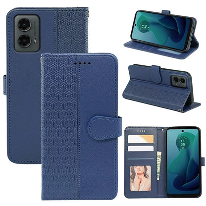 For Motorola Moto G 5G (2024) Case PU Leather Cellphone Protective Cover Cubic Grid Pattern