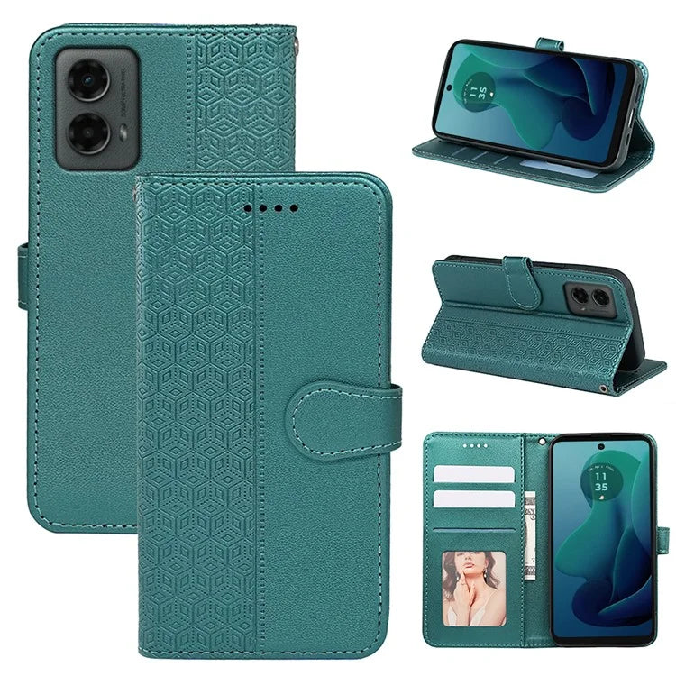 For Motorola Moto G 5G (2024) Case PU Leather Cellphone Protective Cover Cubic Grid Pattern