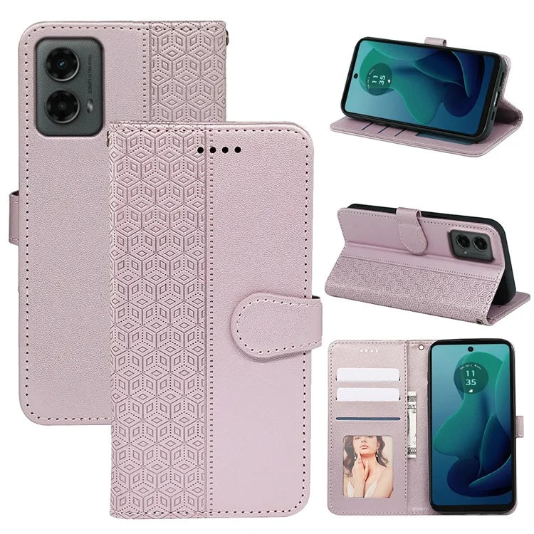 For Motorola Moto G 5G (2024) Case PU Leather Cellphone Protective Cover Cubic Grid Pattern