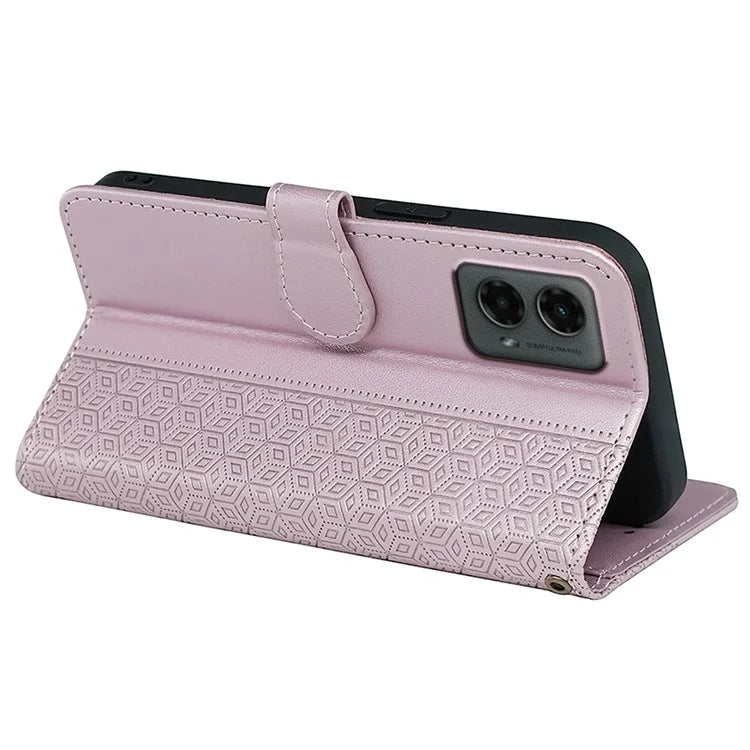 For Motorola Moto G 5G (2024) Case PU Leather Cellphone Protective Cover Cubic Grid Pattern