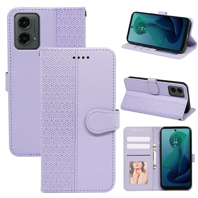 For Motorola Moto G 5G (2024) Case PU Leather Cellphone Protective Cover Cubic Grid Pattern