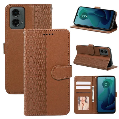 For Motorola Moto G 5G (2024) Case PU Leather Cellphone Protective Cover Cubic Grid Pattern