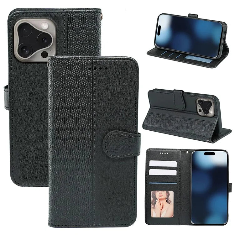 For iPhone 16 Pro Case Cubic Grid Flip Wallet Leather Phone Cover