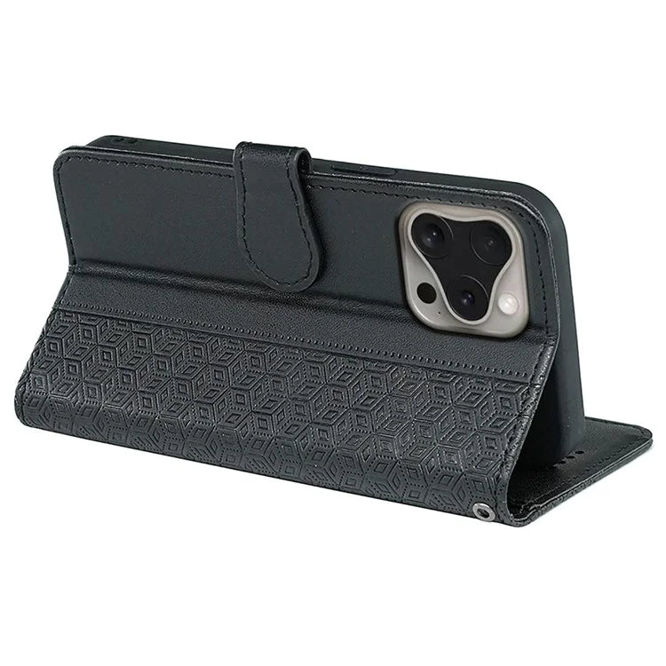For iPhone 16 Pro Case Cubic Grid Flip Wallet Leather Phone Cover