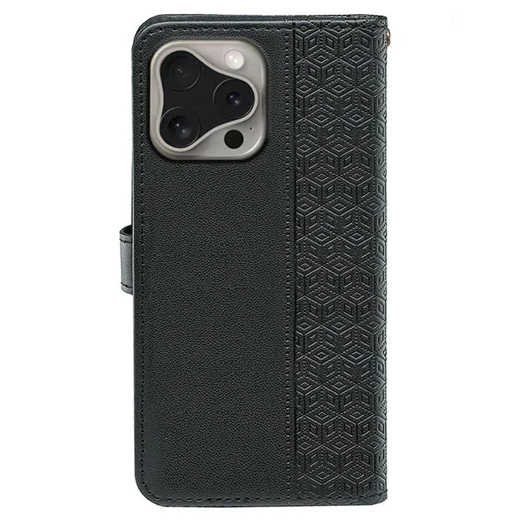 For iPhone 16 Pro Case Cubic Grid Flip Wallet Leather Phone Cover