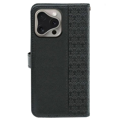 For iPhone 16 Pro Case Cubic Grid Flip Wallet Leather Phone Cover