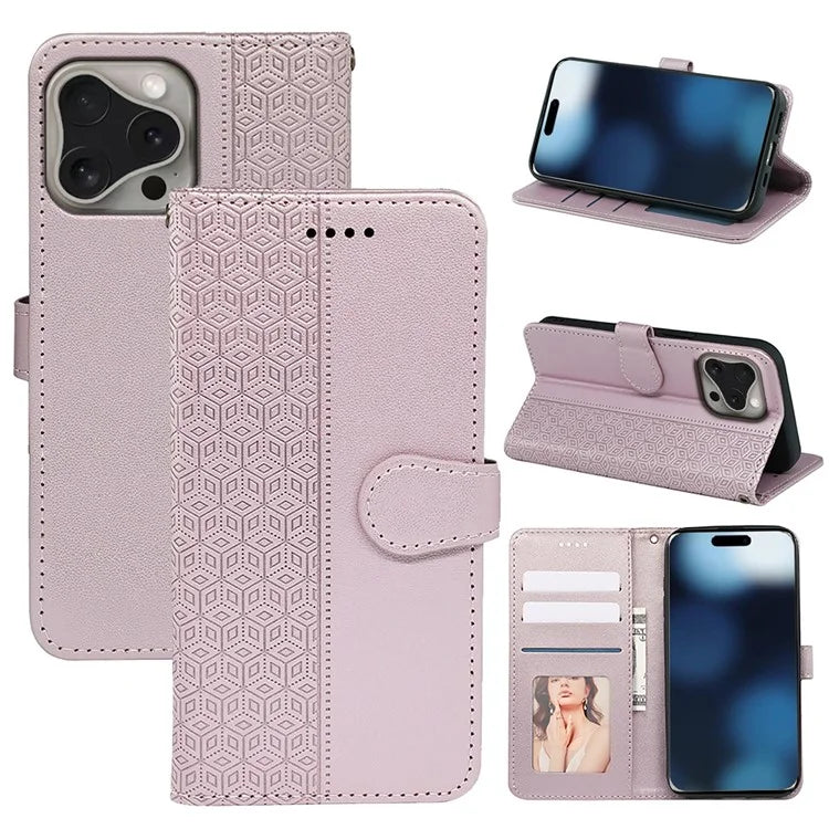 For iPhone 16 Pro Case Cubic Grid Flip Wallet Leather Phone Cover