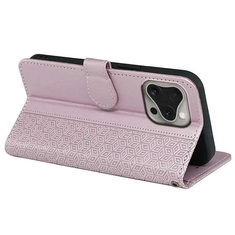 For iPhone 16 Pro Case Cubic Grid Flip Wallet Leather Phone Cover