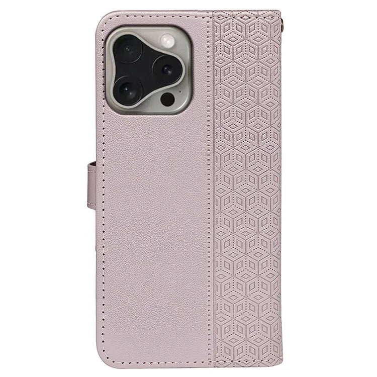 For iPhone 16 Pro Case Cubic Grid Flip Wallet Leather Phone Cover