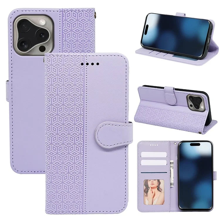 For iPhone 16 Pro Case Cubic Grid Flip Wallet Leather Phone Cover