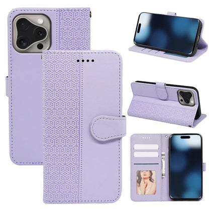 For iPhone 16 Pro Case Cubic Grid Flip Wallet Leather Phone Cover