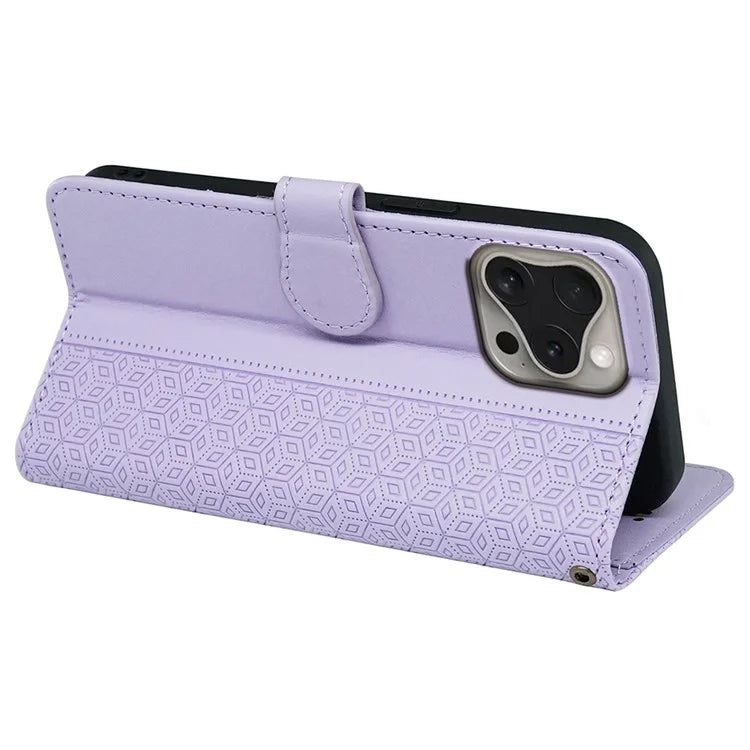 For iPhone 16 Pro Case Cubic Grid Flip Wallet Leather Phone Cover