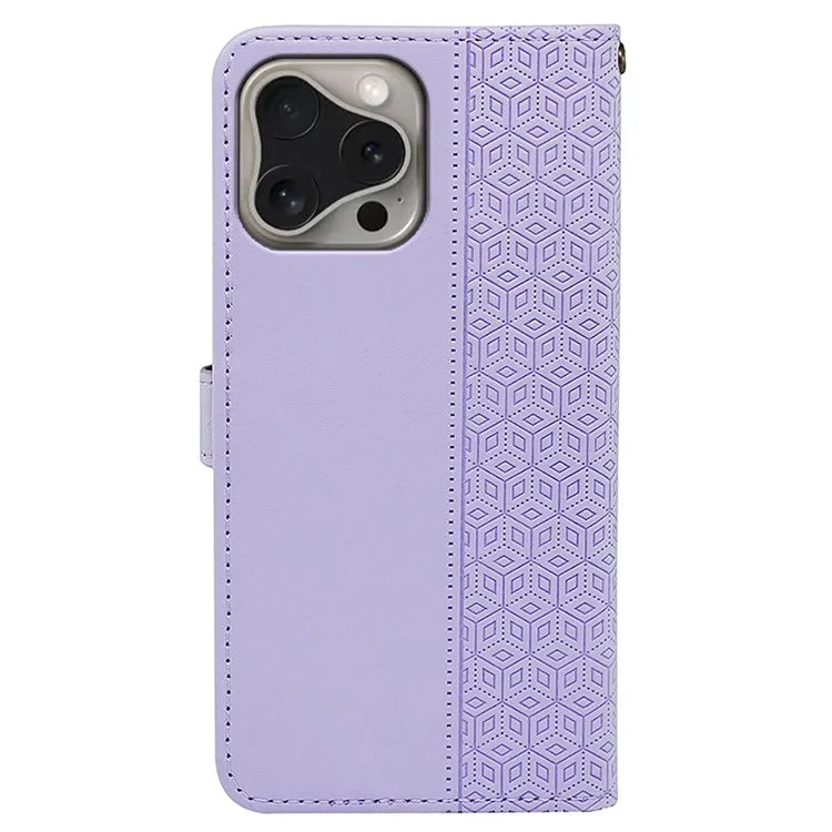 For iPhone 16 Pro Case Cubic Grid Flip Wallet Leather Phone Cover