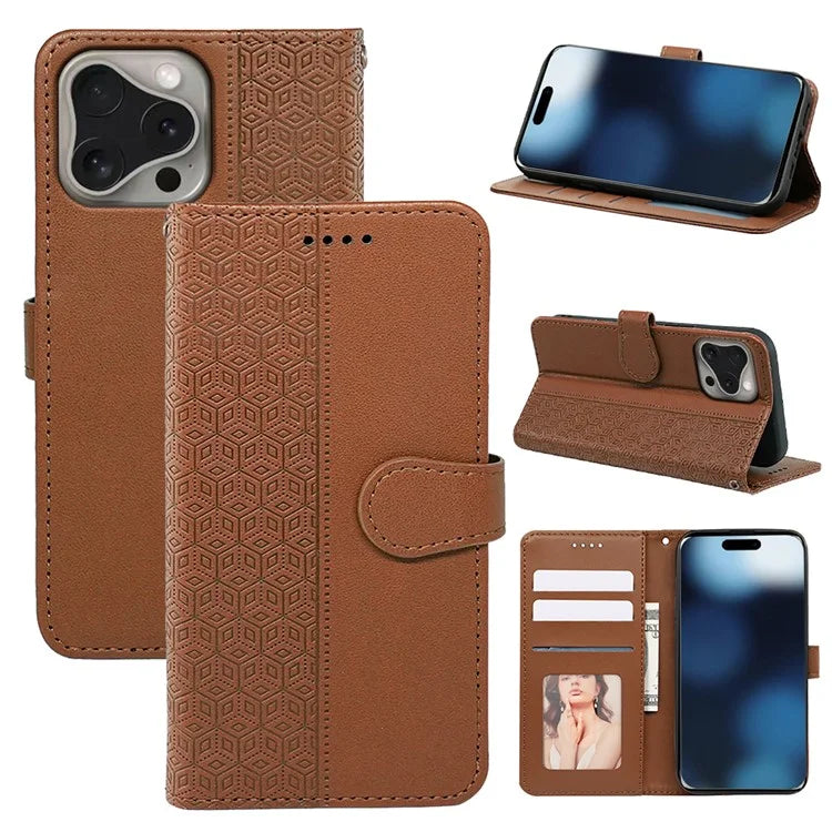 For iPhone 16 Pro Case Cubic Grid Flip Wallet Leather Phone Cover