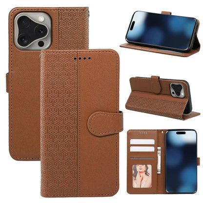 For iPhone 16 Pro Case Cubic Grid Flip Wallet Leather Phone Cover