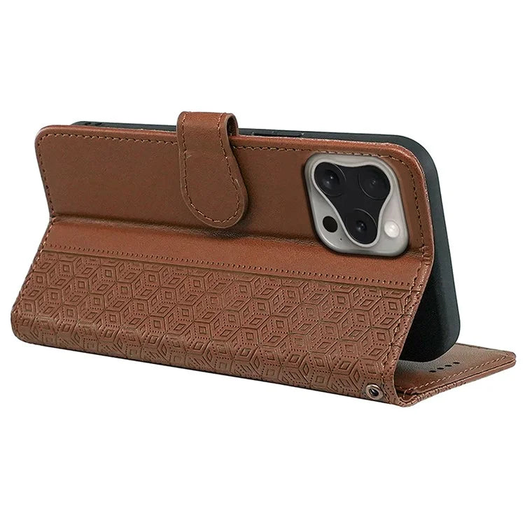 For iPhone 16 Pro Case Cubic Grid Flip Wallet Leather Phone Cover