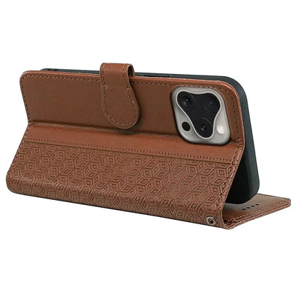 For iPhone 16 Pro Case Cubic Grid Flip Wallet Leather Phone Cover