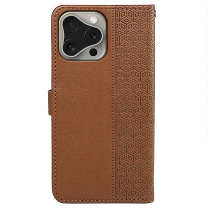 For iPhone 16 Pro Case Cubic Grid Flip Wallet Leather Phone Cover
