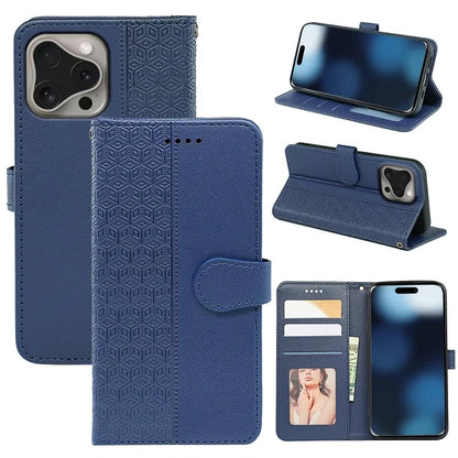 For iPhone 16 Pro Max Case Cubic Grid Imprinted Leather Phone Cover with Wallet