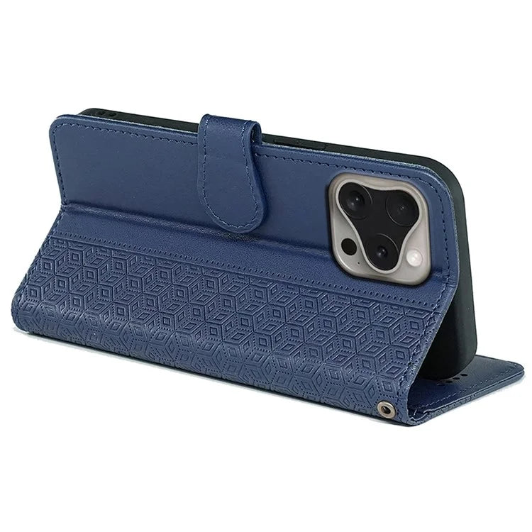 For iPhone 16 Pro Max Case Cubic Grid Imprinted Leather Phone Cover with Wallet