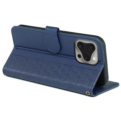 For iPhone 16 Pro Max Case Cubic Grid Imprinted Leather Phone Cover with Wallet