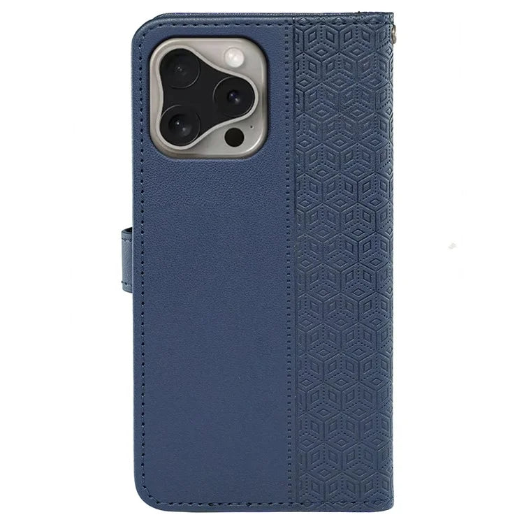 For iPhone 16 Pro Max Case Cubic Grid Imprinted Leather Phone Cover with Wallet