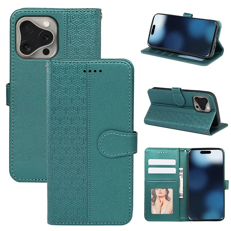 For iPhone 16 Pro Max Case Cubic Grid Imprinted Leather Phone Cover with Wallet