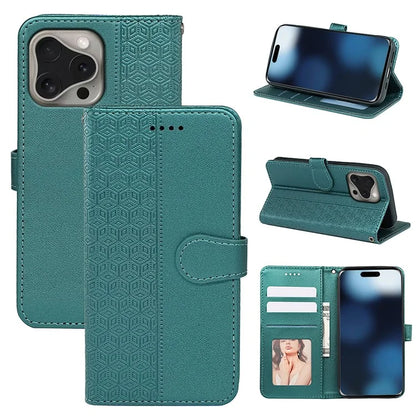 For iPhone 16 Pro Max Case Cubic Grid Imprinted Leather Phone Cover with Wallet