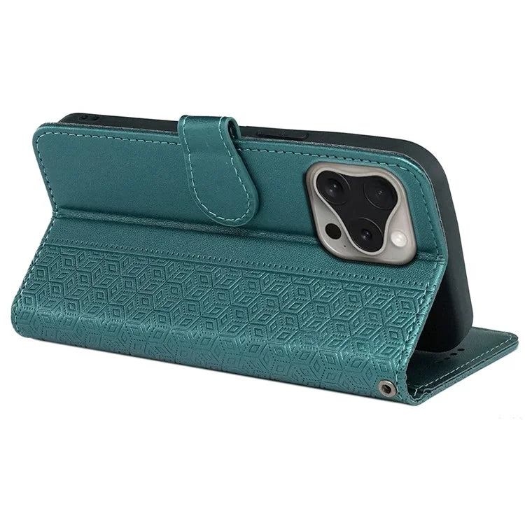 For iPhone 16 Pro Max Case Cubic Grid Imprinted Leather Phone Cover with Wallet