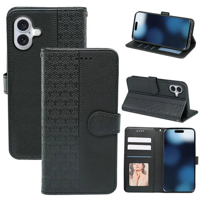 For iPhone 16 Plus Case Cubic Grid Leather Phone Cover with Viewing Stand
