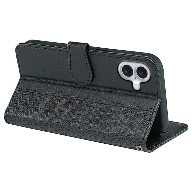 For iPhone 16 Plus Case Cubic Grid Leather Phone Cover with Viewing Stand
