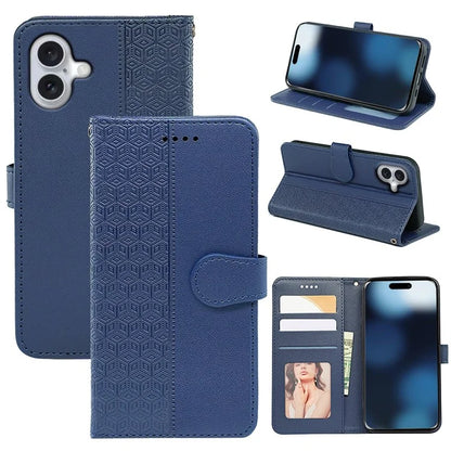 For iPhone 16 Plus Case Cubic Grid Leather Phone Cover with Viewing Stand