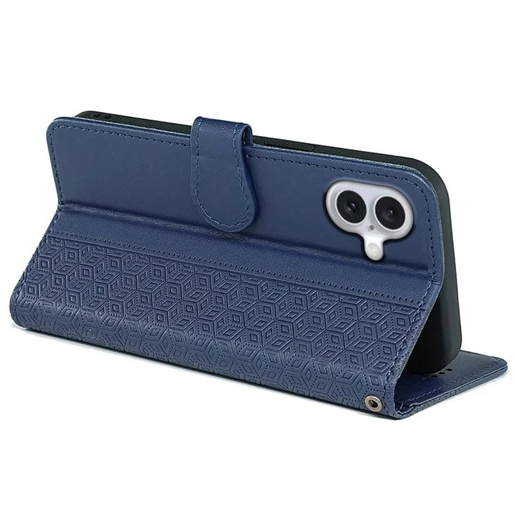 For iPhone 16 Plus Case Cubic Grid Leather Phone Cover with Viewing Stand