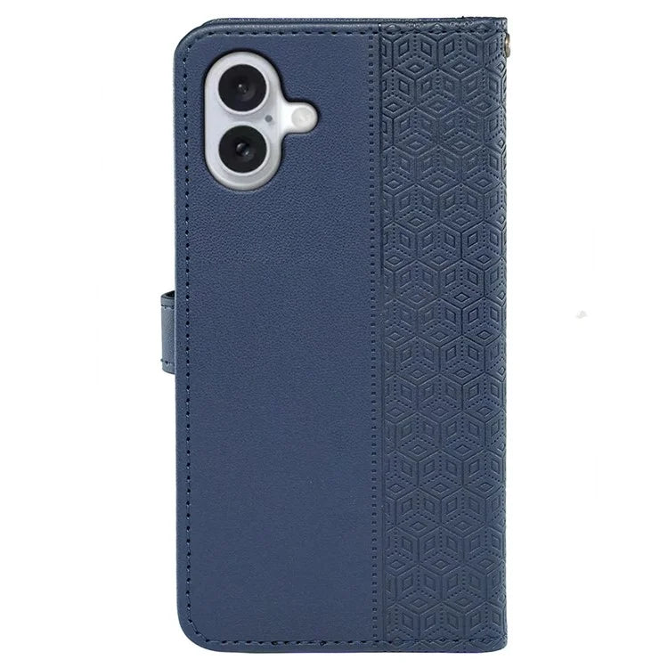 For iPhone 16 Plus Case Cubic Grid Leather Phone Cover with Viewing Stand