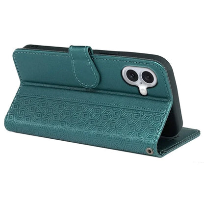 For iPhone 16 Plus Case Cubic Grid Leather Phone Cover with Viewing Stand