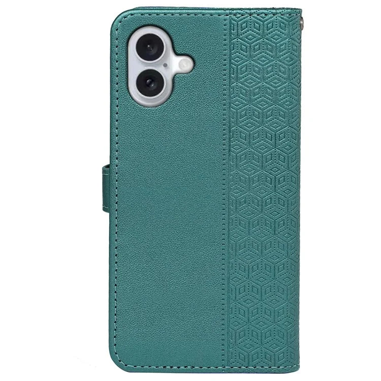 For iPhone 16 Plus Case Cubic Grid Leather Phone Cover with Viewing Stand