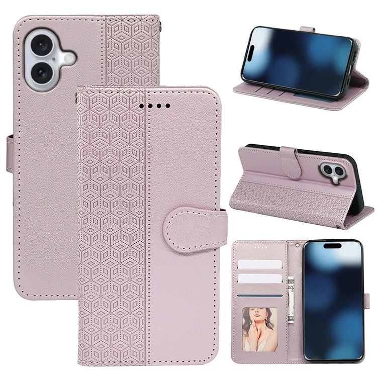 For iPhone 16 Plus Case Cubic Grid Leather Phone Cover with Viewing Stand